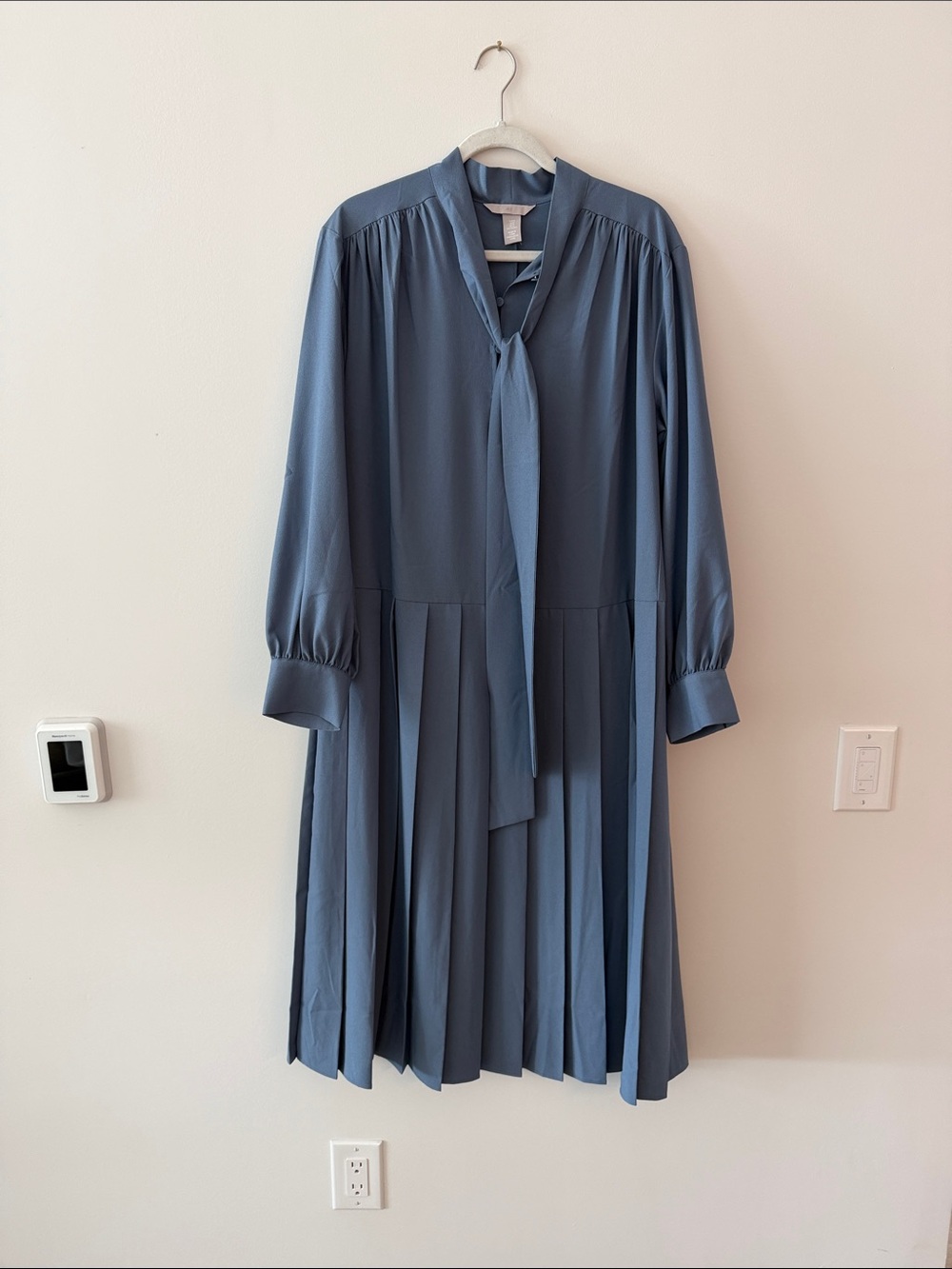 H&M Slate Blue Long-Sleeve Pleated Tie-Neck Midi Dress